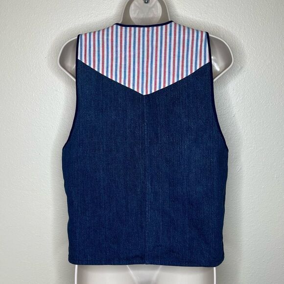 Vintage Handmade Blue Denim Western Two Button Vest Stripe Contrast Women Medium - Picture 7 of 12